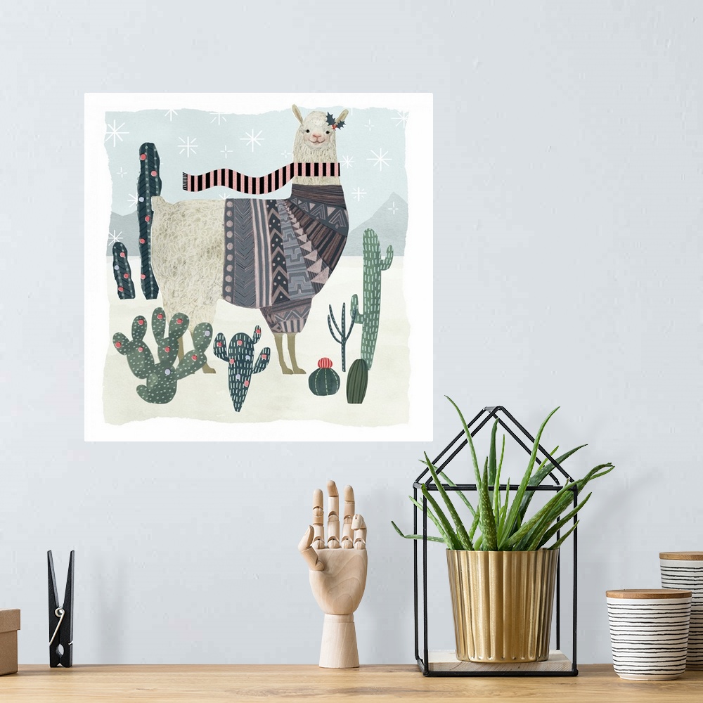 A bohemian room featuring An amusing llama wearing a patterned sweater walks through a desert with cacti in this decorative...