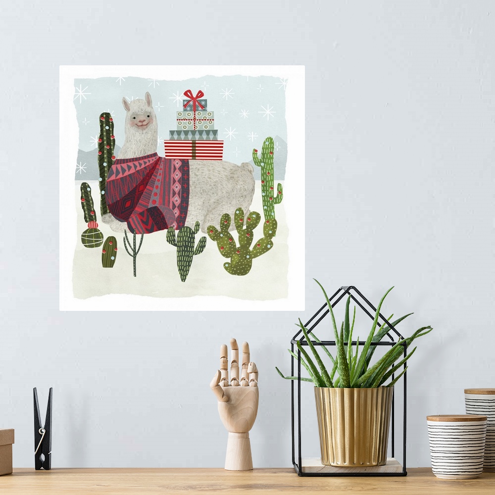 A bohemian room featuring An amusing llama wearing a patterned sweater sits in a desert with cacti in this decorative artwork.
