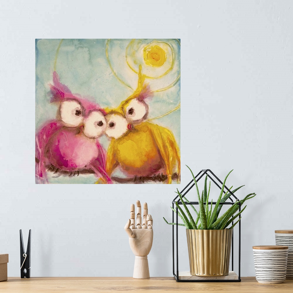 A bohemian room featuring Cute painting of two owls with large eyes in love under the bright sun.