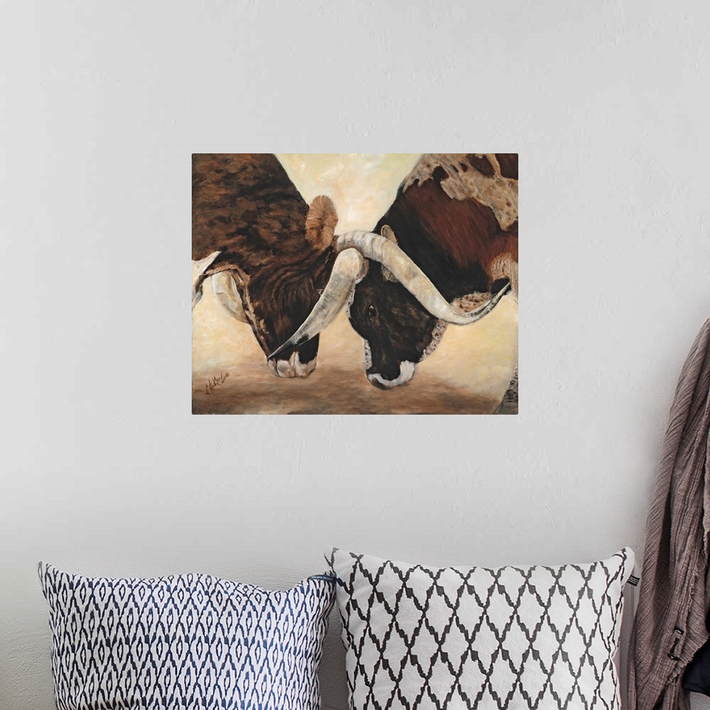 A bohemian room featuring Horizontal contemporary artwork of two bulls going head to head with locked horns.