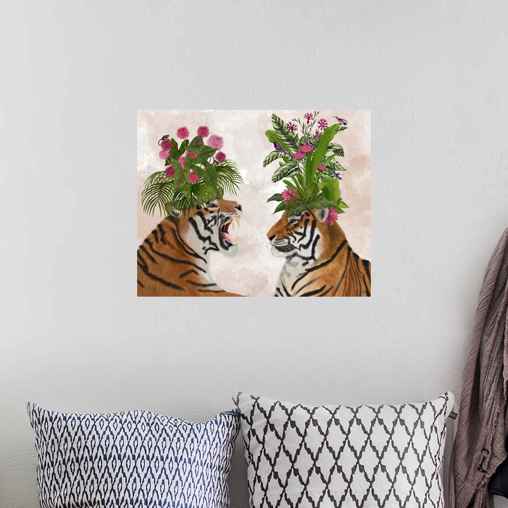 A bohemian room featuring Hot House Tigers, Pair, Pink Green