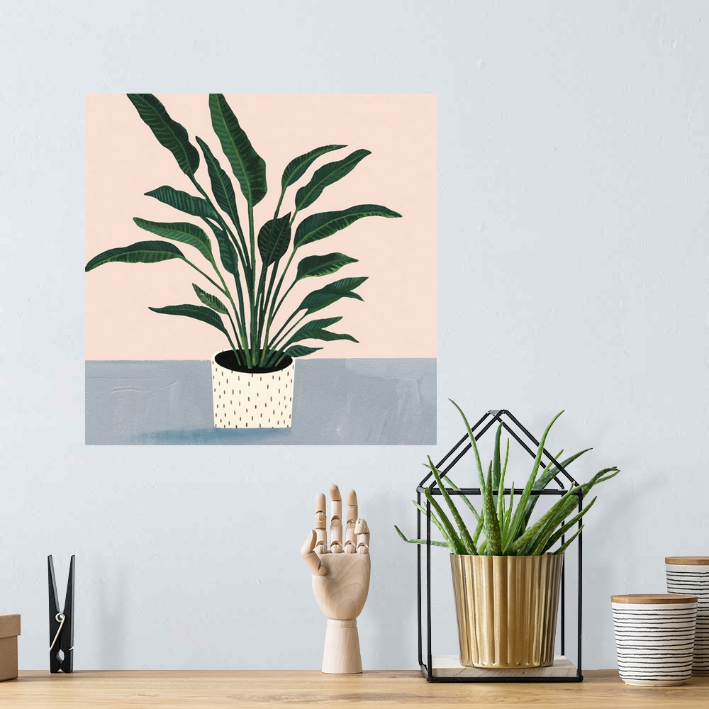 A bohemian room featuring Modern painting of a leafy houseplant in a cream colored pot with spots on a muted blue and cream...