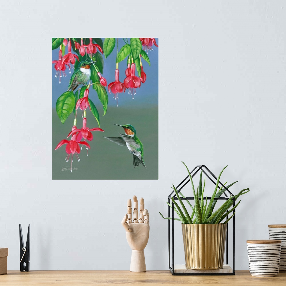 A bohemian room featuring Contemporary wildlife painting of two hummingbirds getting nectar from hanging fuchsia flowers.