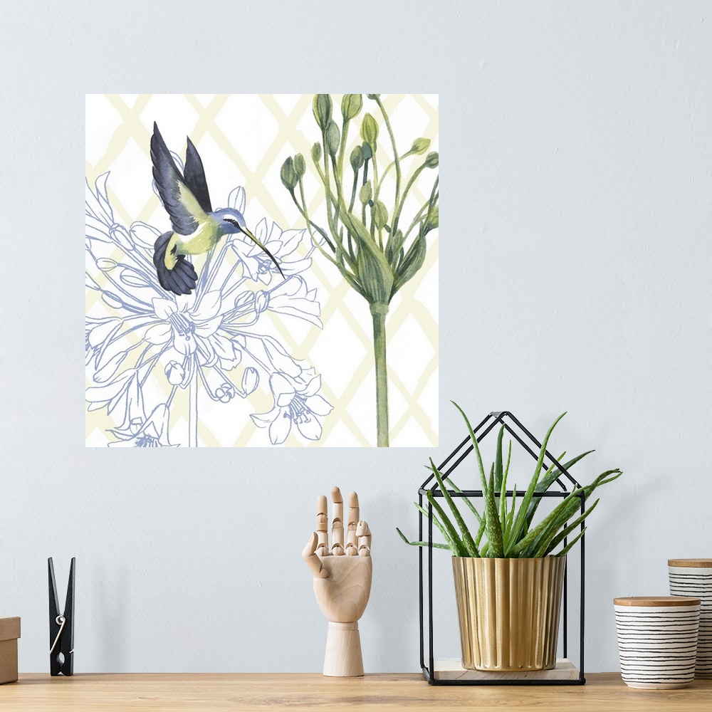 A bohemian room featuring Floral painting with a hummingbird and a white patterned background.