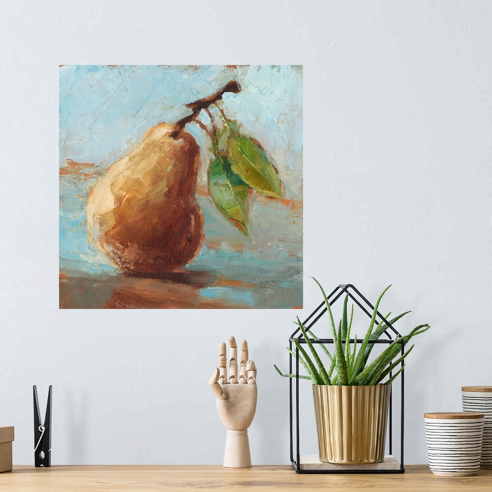 A bohemian room featuring Contemporary painting of a yellow pear in an impressionist style.