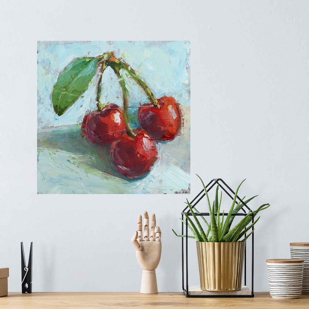 A bohemian room featuring Contemporary painting of red cherries in an impressionist style.