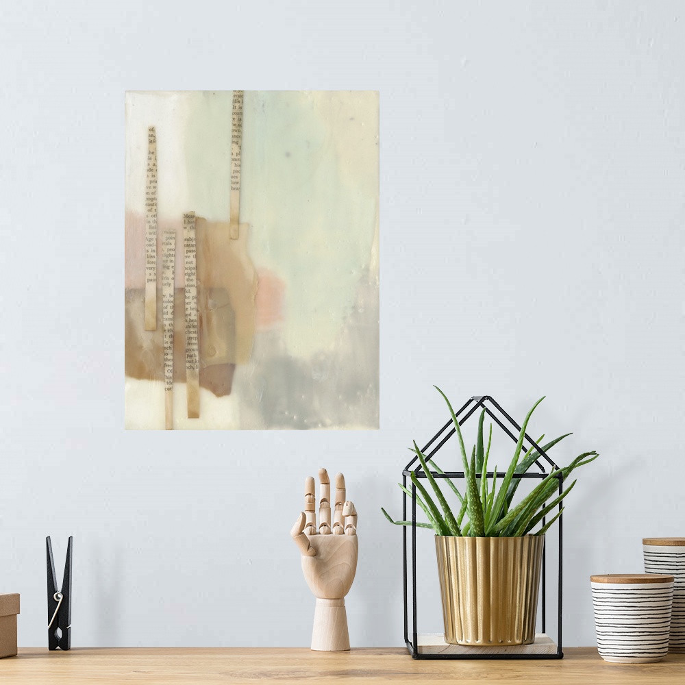 A bohemian room featuring The appearance of a thin layer of wax covers this soft color abstract with strips of aged newspap...