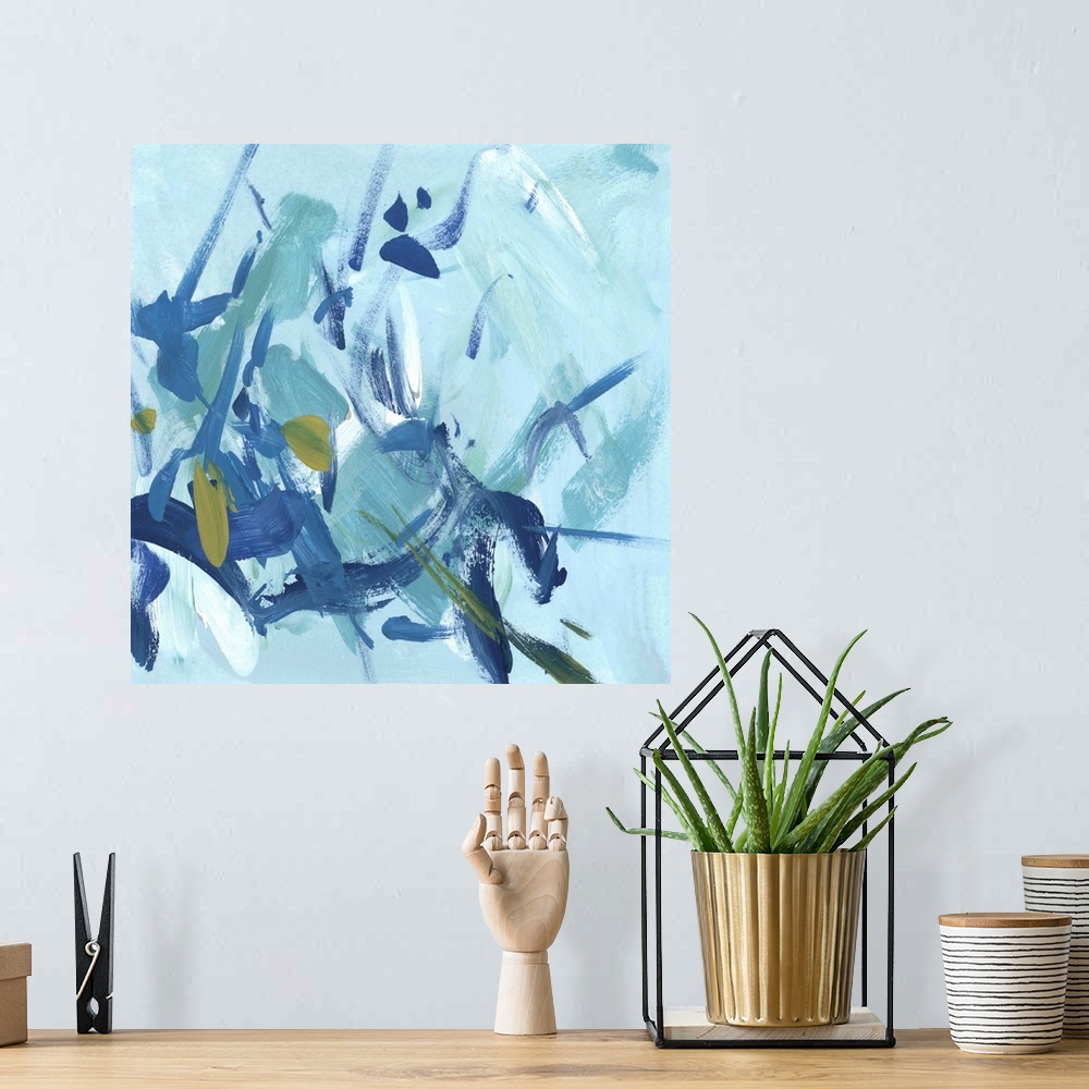 A bohemian room featuring Contemporary abstract painting in various shades of blue with green accents.