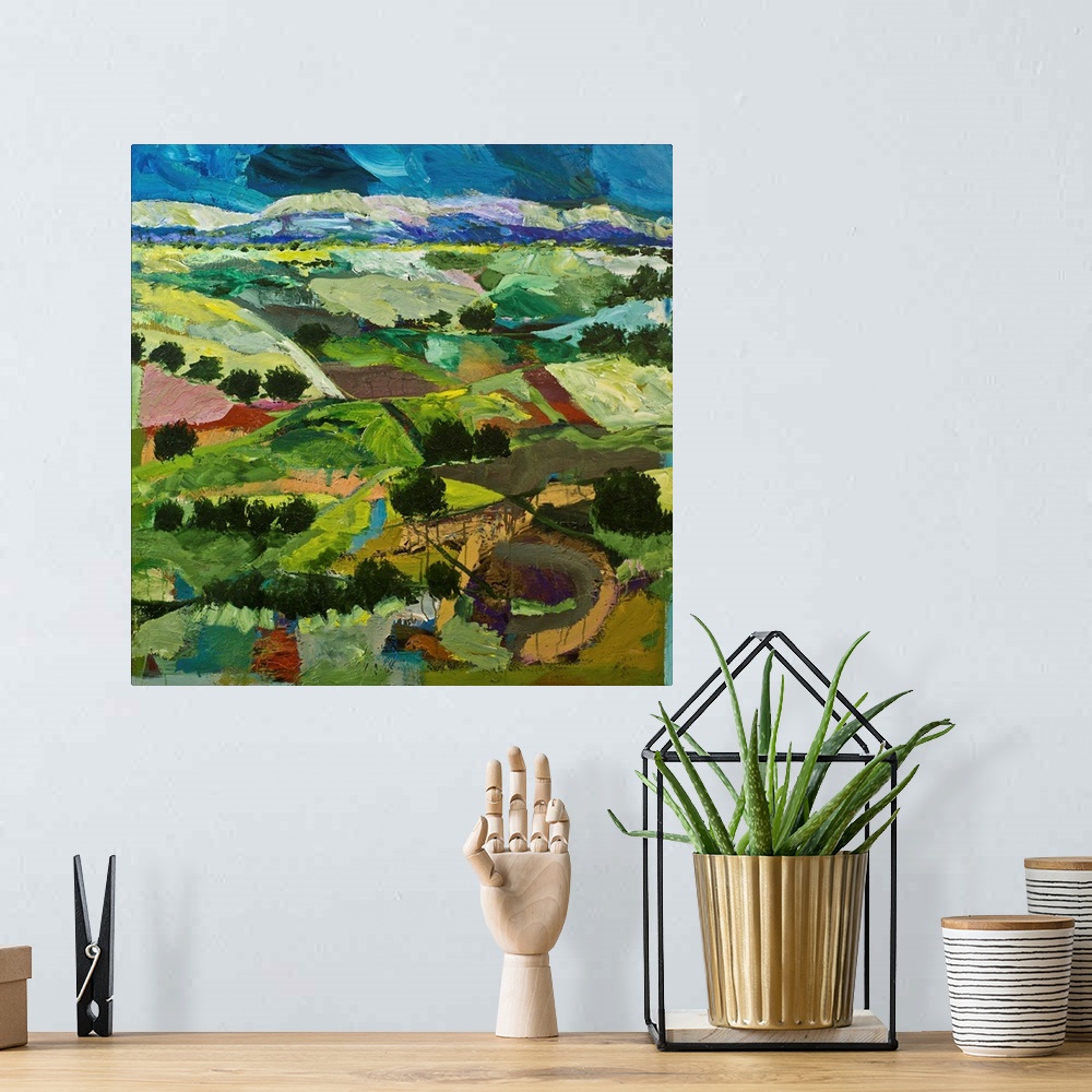 A bohemian room featuring Contemporary painting of a country landscape with many tilled fields lined with trees.