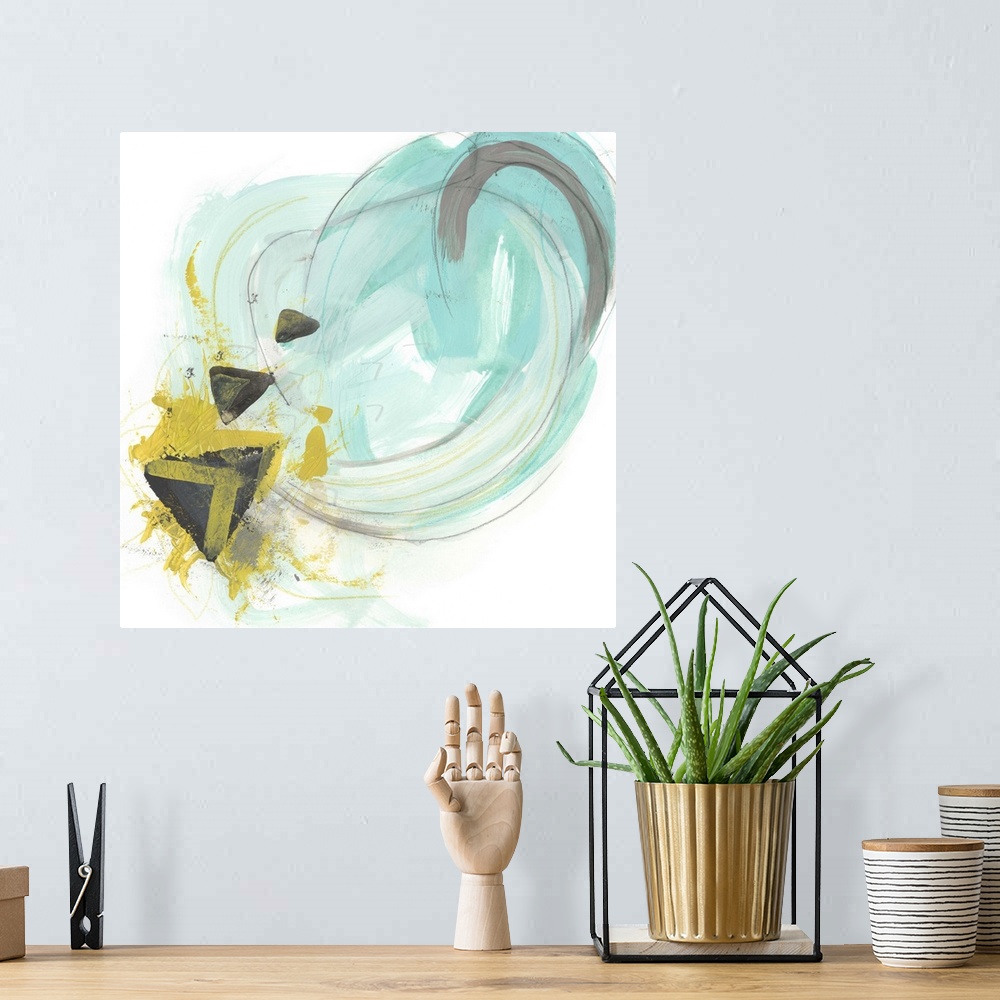 A bohemian room featuring Abstract artwork in summery teal and yellow tones.