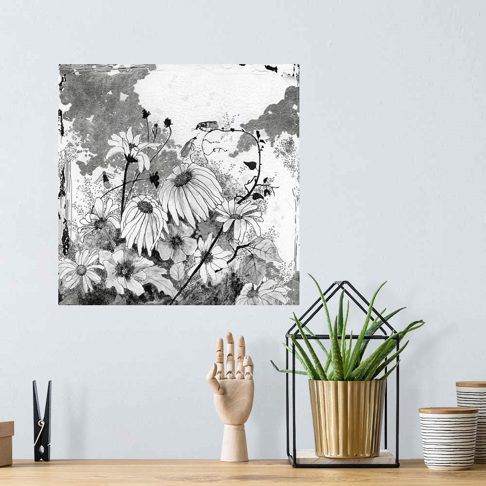 A bohemian room featuring Contemporary floral artwork with a worn and distressed style.