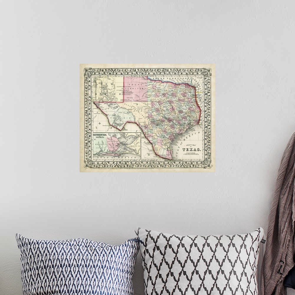 A bohemian room featuring Vintage map of the state of Texas.