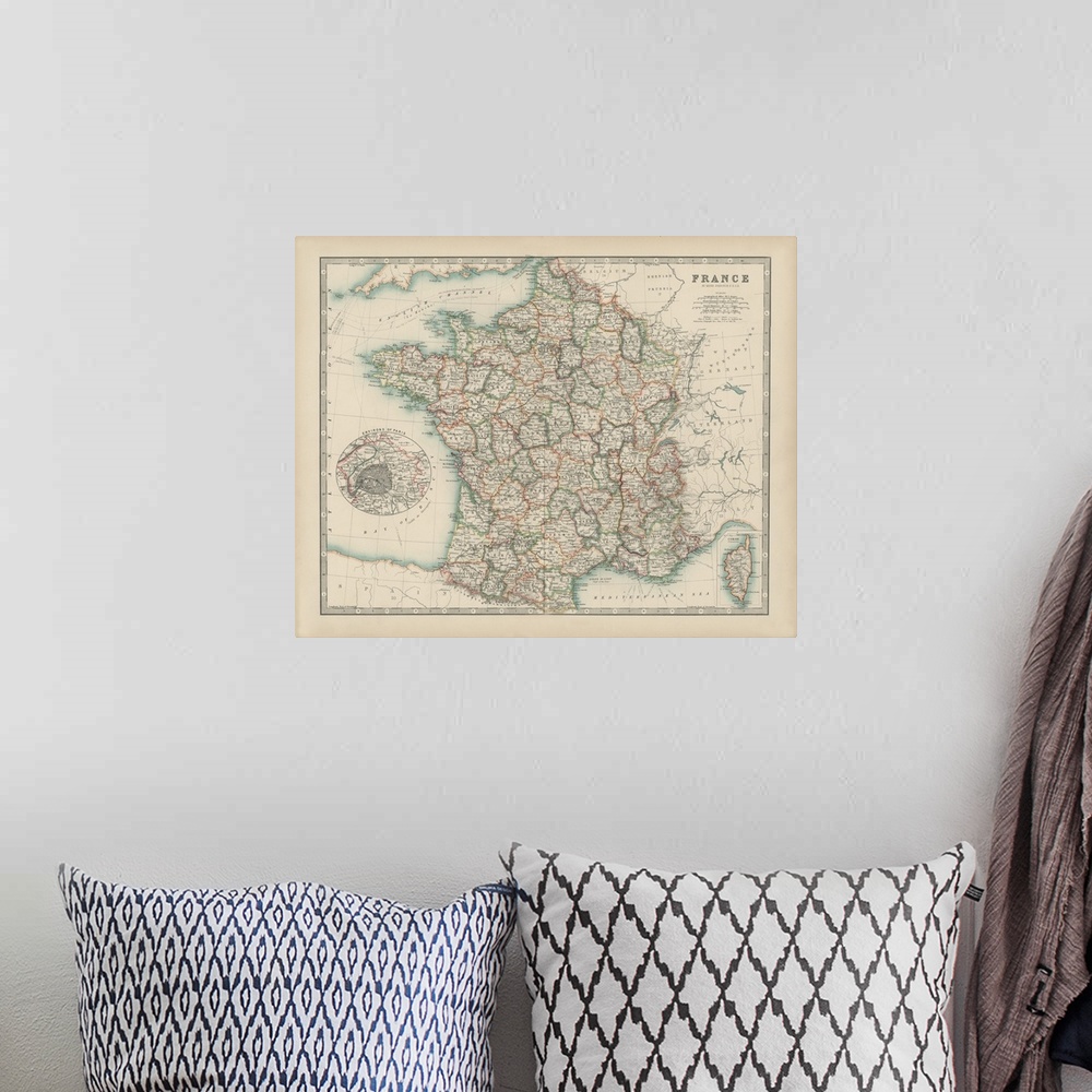 A bohemian room featuring Vintage map of the country of France.