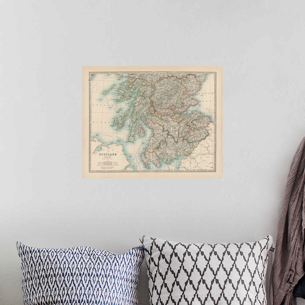 A bohemian room featuring Vintage map of the country of Scotland.