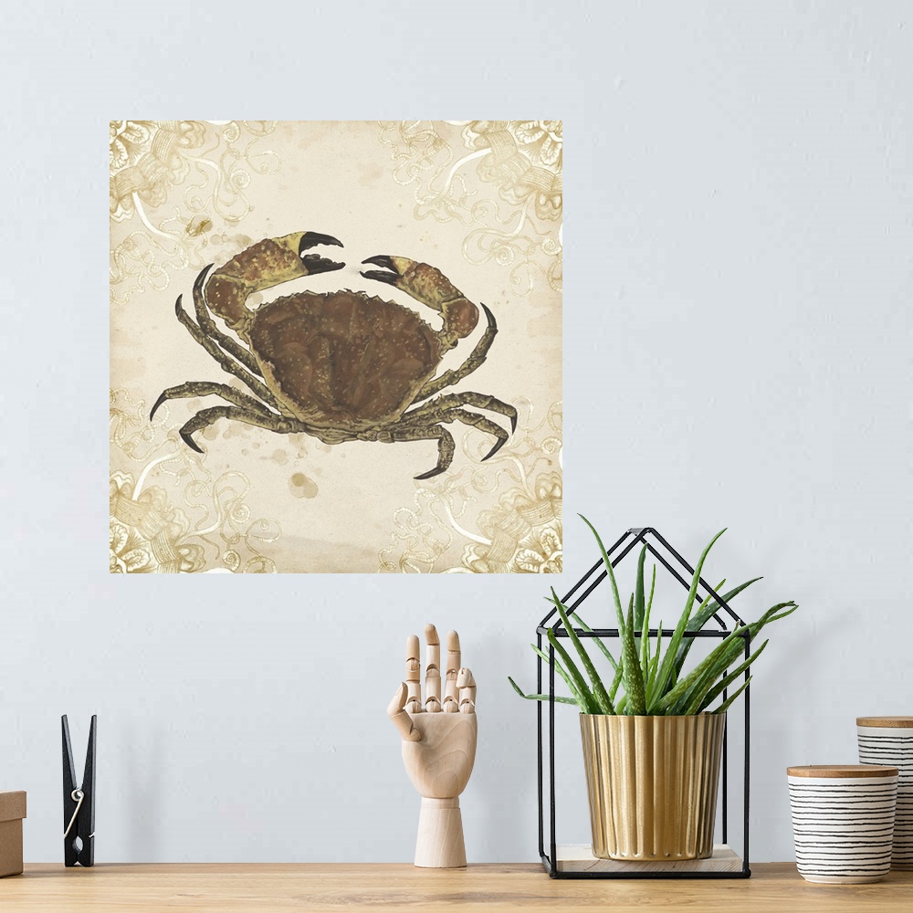 A bohemian room featuring Picture of a shellfish on a beige backdrop with a curved shape design in each corner.