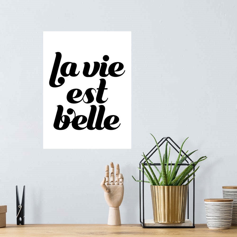 A bohemian room featuring Black and white typography that says, "La vie est belle" in black script on a white background.