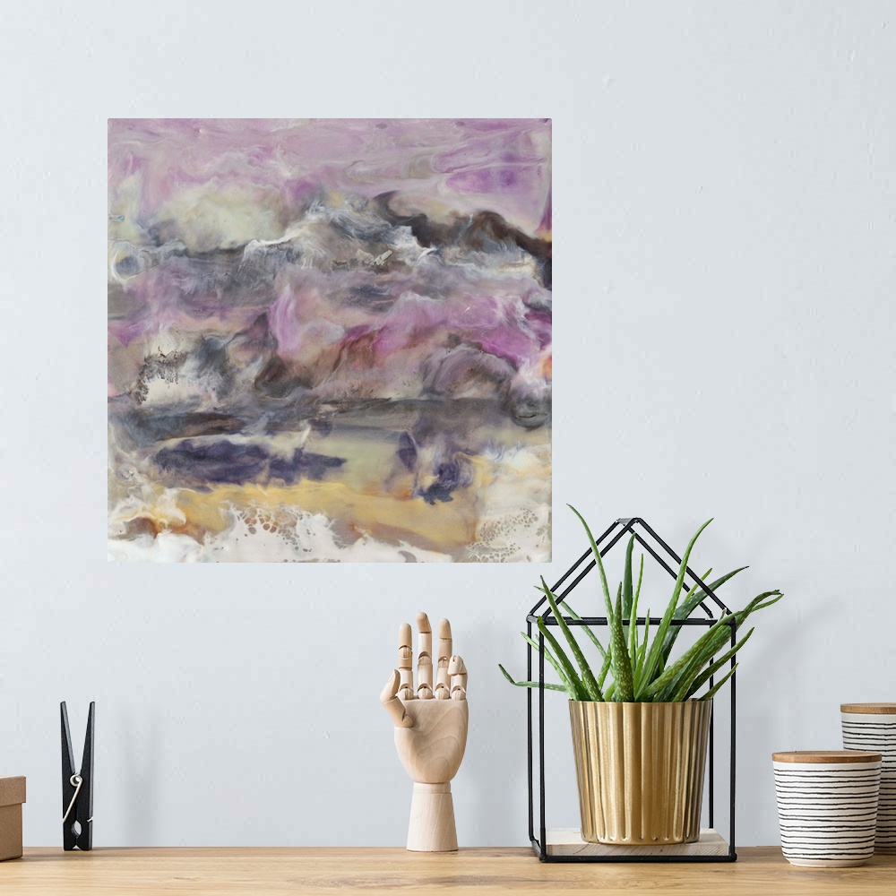 A bohemian room featuring Soothing contemporary artwork featuring flowing purple, yellow and neutral tones of color to crea...
