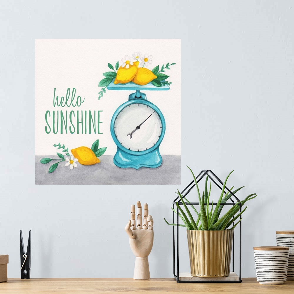 A bohemian room featuring Decorative art featuring the jubilant phrase, "Hello sunshine" with a weight scale and lemons.