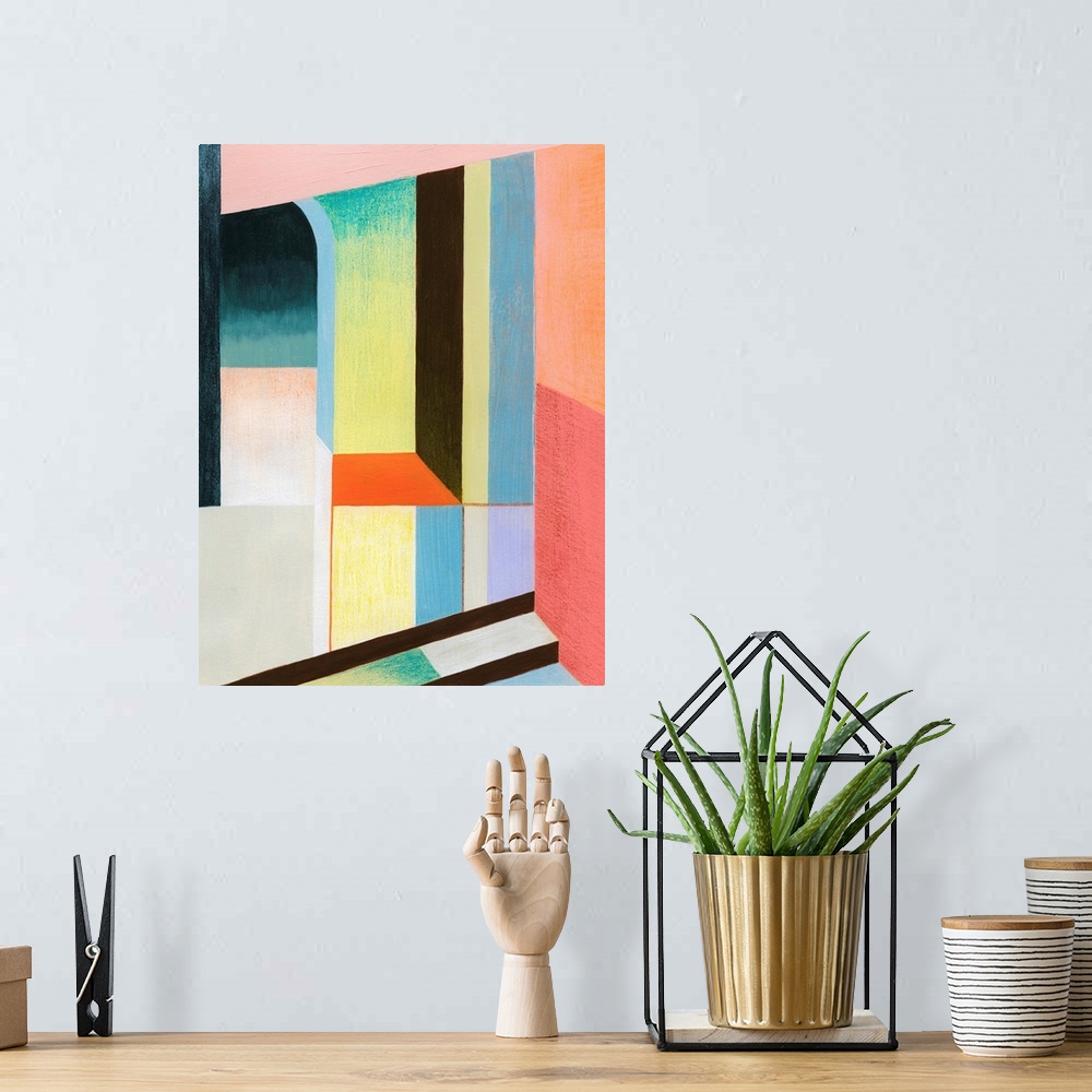 A bohemian room featuring A brightly colored geometric abstract piece featuring an archway and block shapes that appear to ...