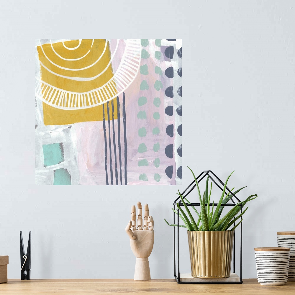 A bohemian room featuring Fun, contemporary abstract painting with geometric forms and lines in a vareity of bright and pas...