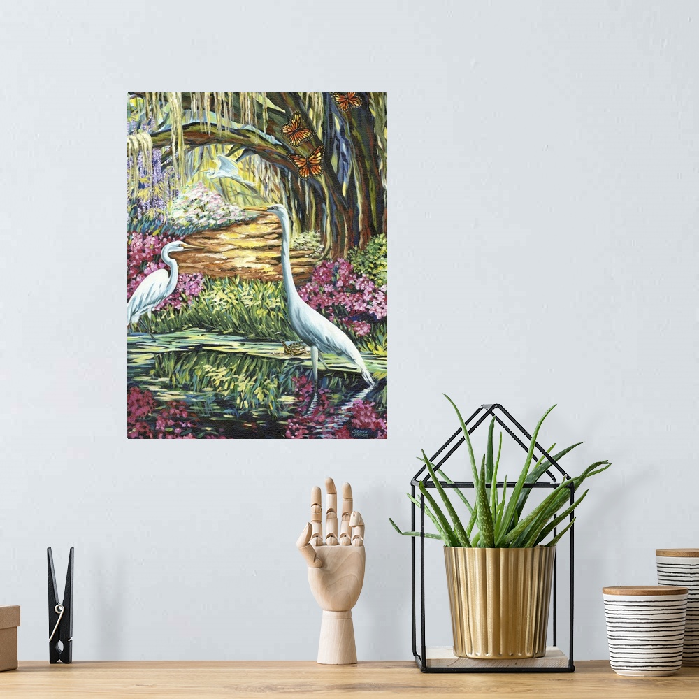 A bohemian room featuring Contemporary painting of two white egrets in a garden pond a willow tree and butterflies.