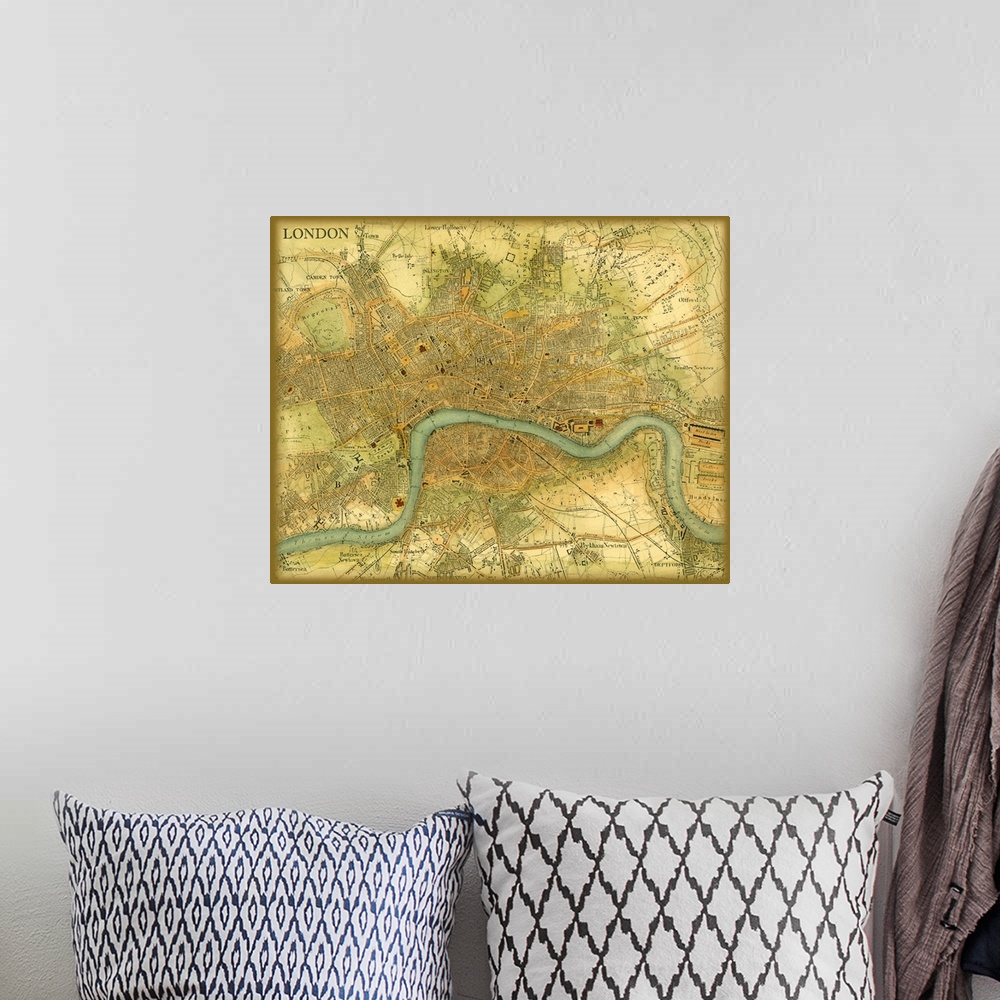 A bohemian room featuring Antique map showing roadways, bodies of water, and suburbs/towns within the city.