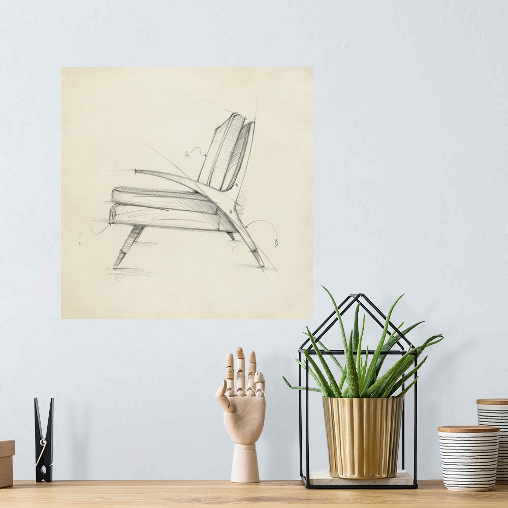 A bohemian room featuring Industrial design diagram of a stylish chair.