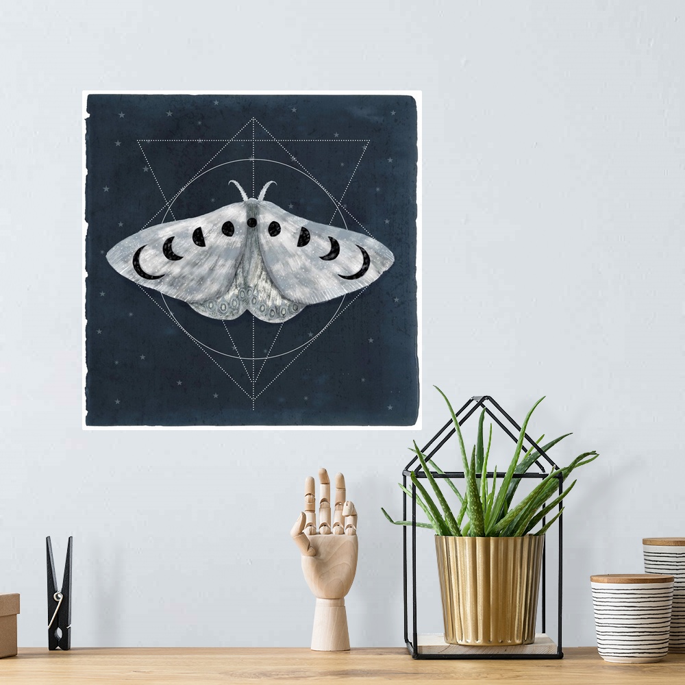 A bohemian room featuring Watercolor moth with moon shapes on its wings in front of geometric shapes on a navy background.