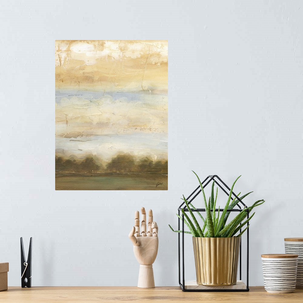 A bohemian room featuring Contemporary abstract painting using warm earthy tones.