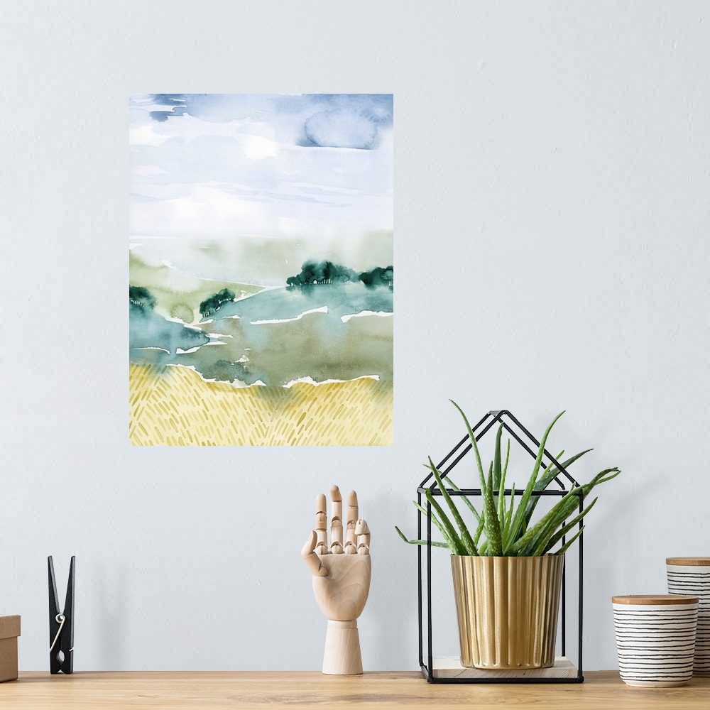 A bohemian room featuring Watercolor landscape of a countryside with rolling hills in the background and golden fields in t...
