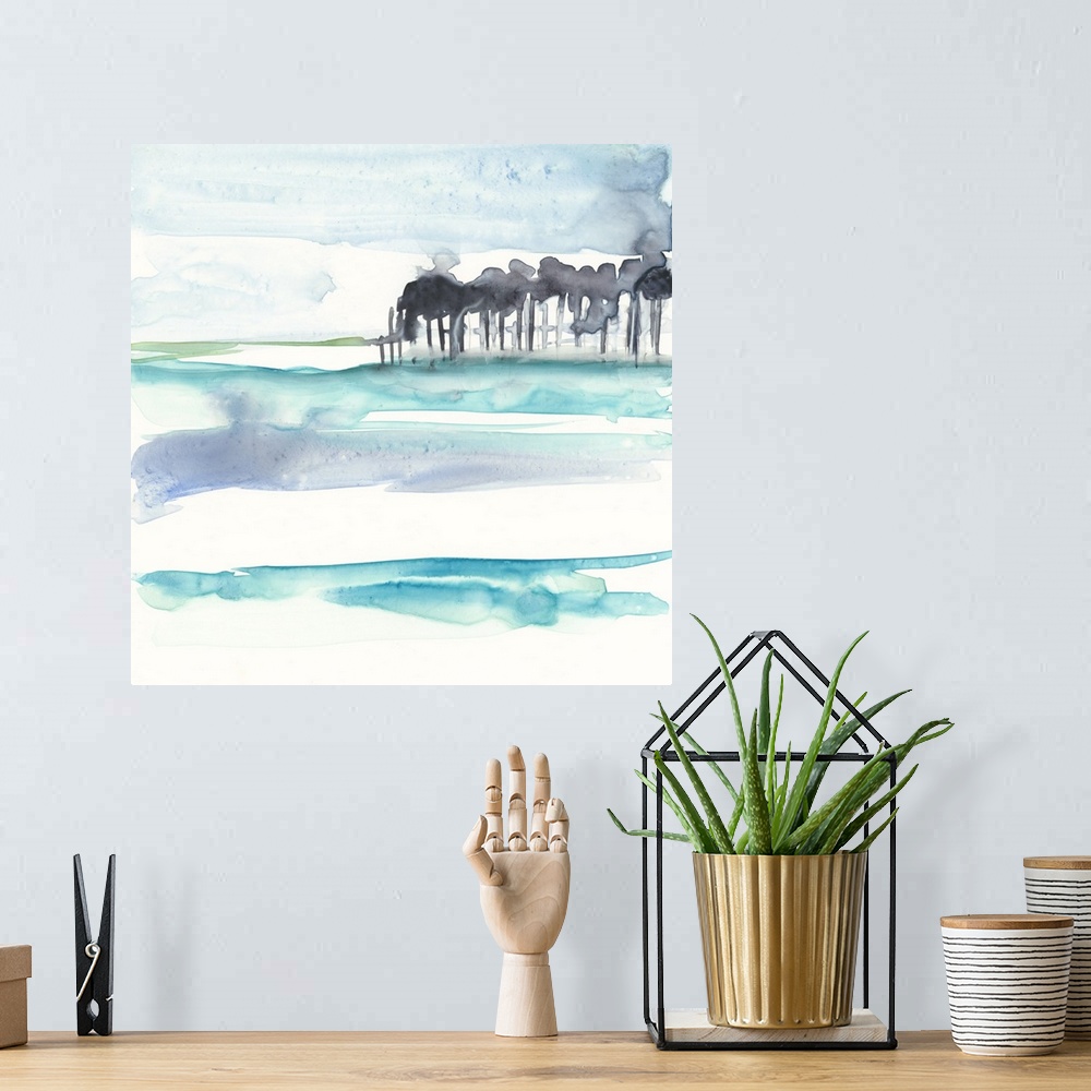 A bohemian room featuring Abstract landscape watercolor painting in shades of blue and green with black trees in the distan...