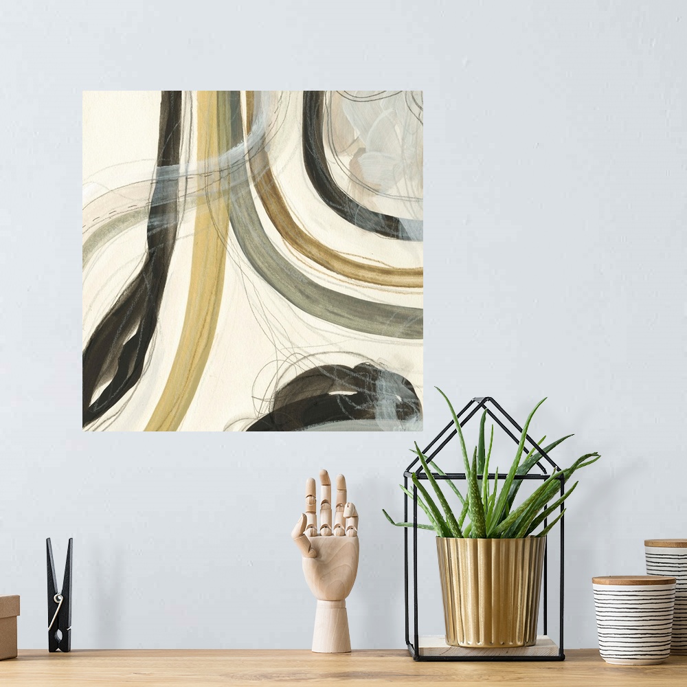 A bohemian room featuring Abstract artwork in earth tones with curving lines.