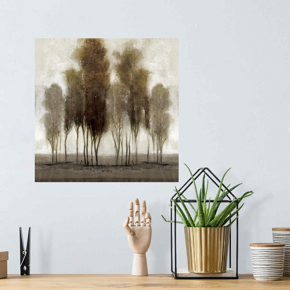 A bohemian room featuring Contemporary painting of a group of trees in a line, in neutral tones.