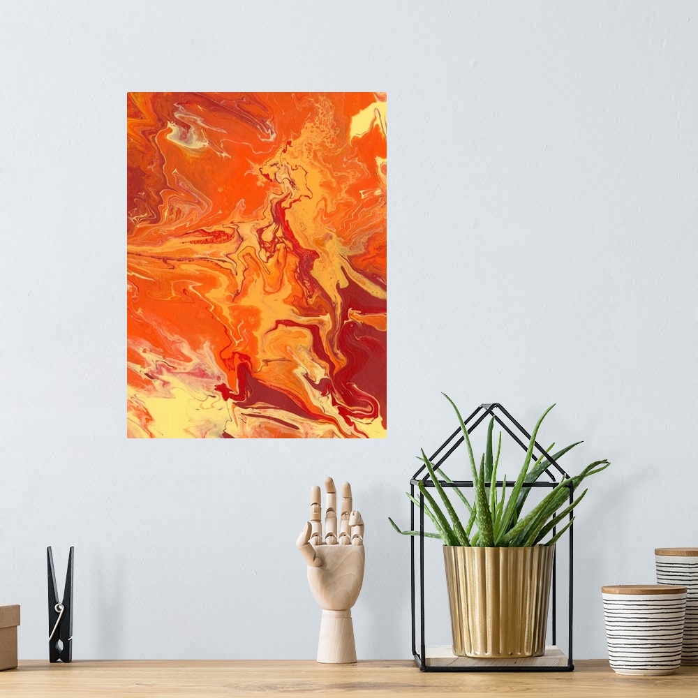 A bohemian room featuring Abstract artwork of yellow, orange and red shades in a liquid marble effect.