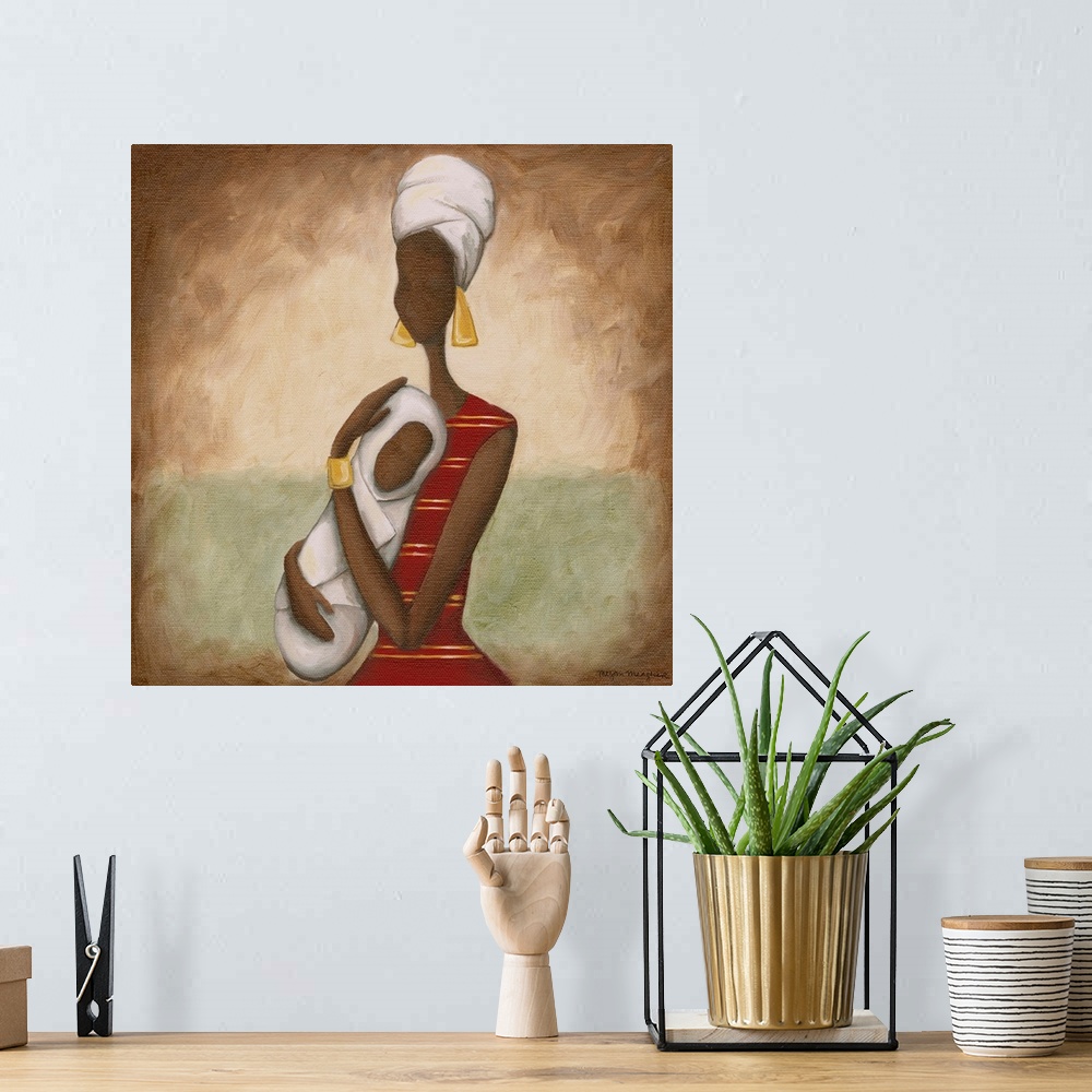 A bohemian room featuring Painting of an African woman holding a child wrapped in blankets.