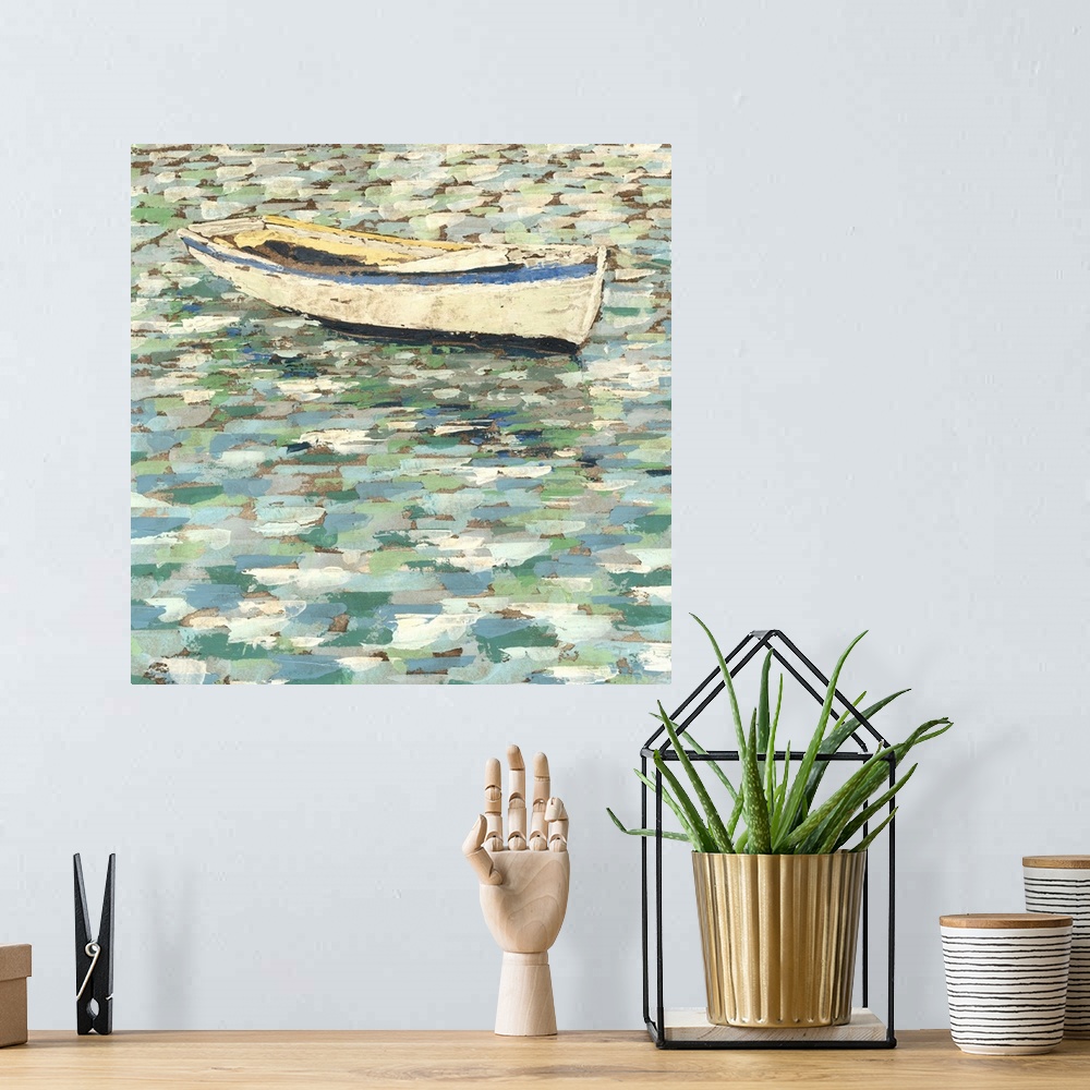 A bohemian room featuring Contemporary painting of an empty row boat in still water.