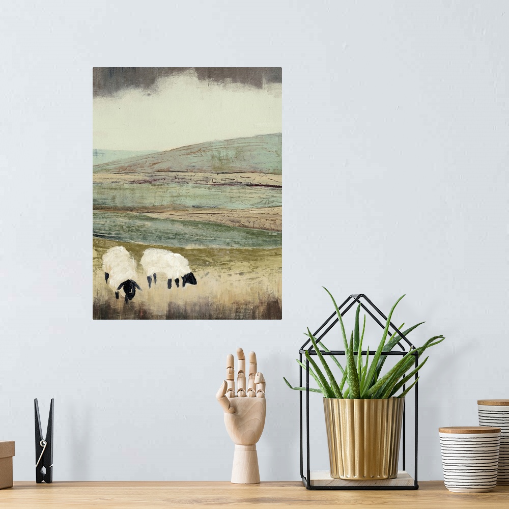 A bohemian room featuring Painting of two sheep in a field under a sky of dark clouds.