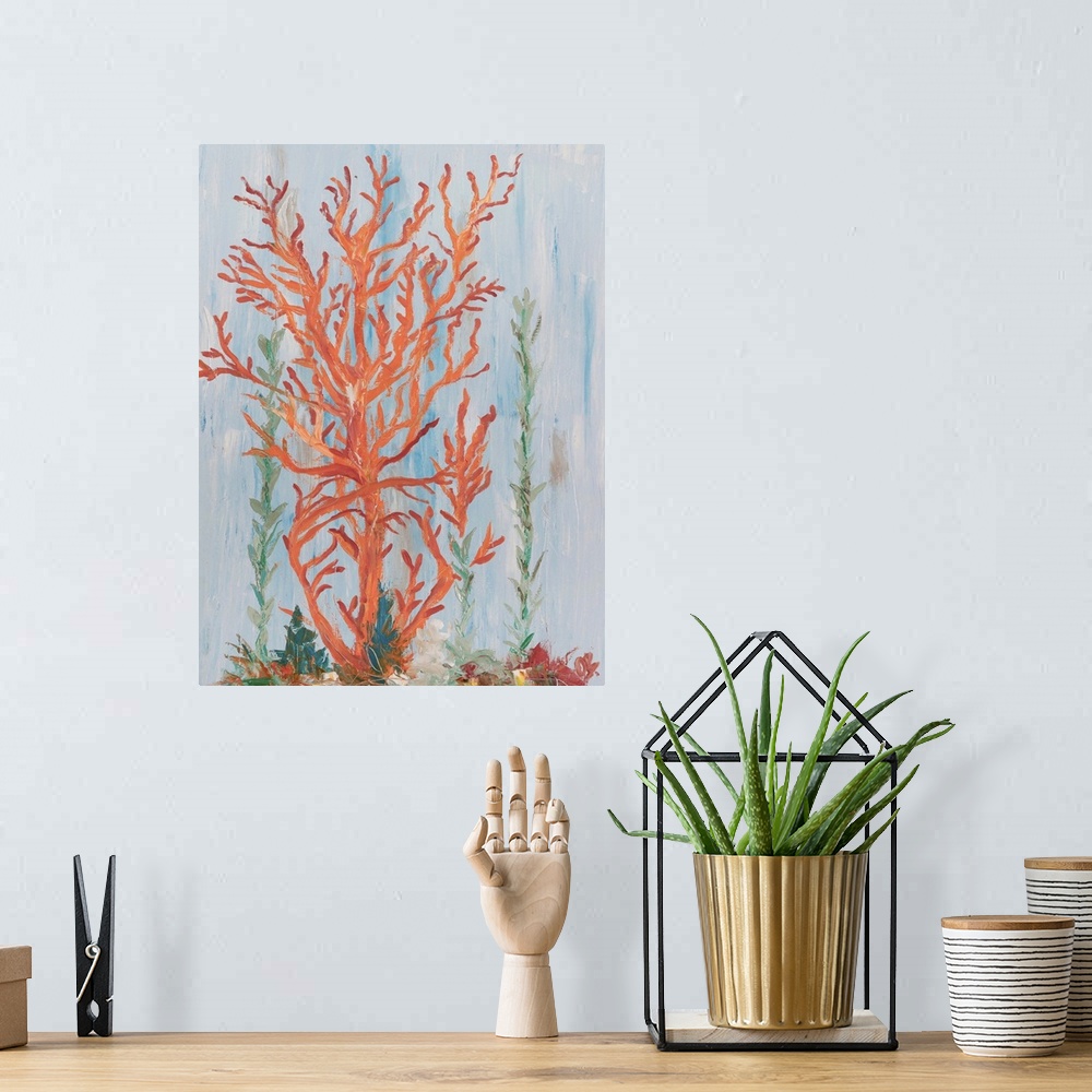 A bohemian room featuring Painting of bright red coral with green seaweed.