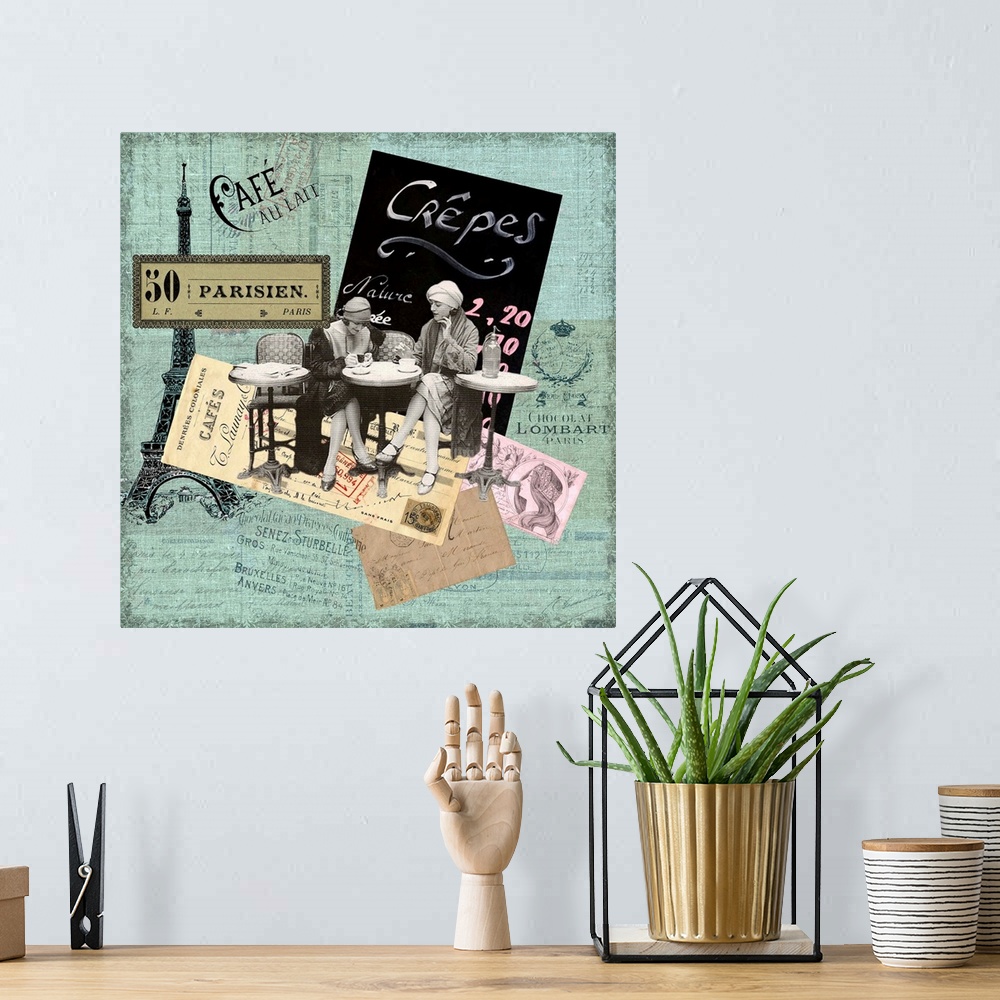 A bohemian room featuring Travel collage of a vintage scene in a cafe bordered with french themed items.