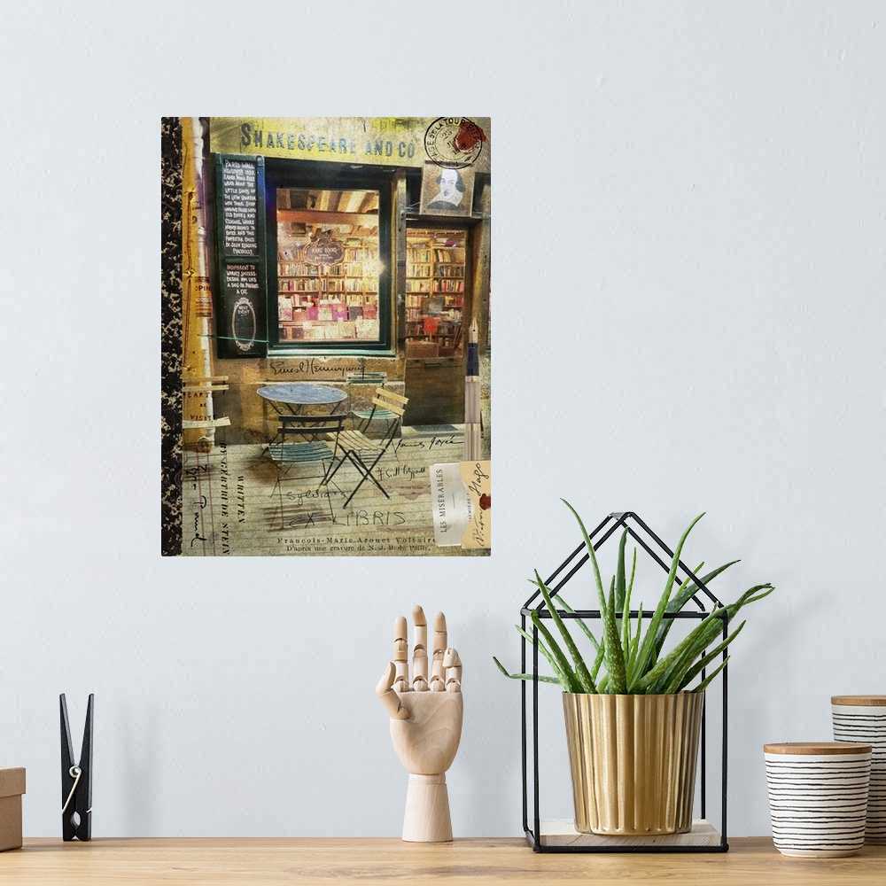 A bohemian room featuring Travel collage of a parisian book store in Paris, France.