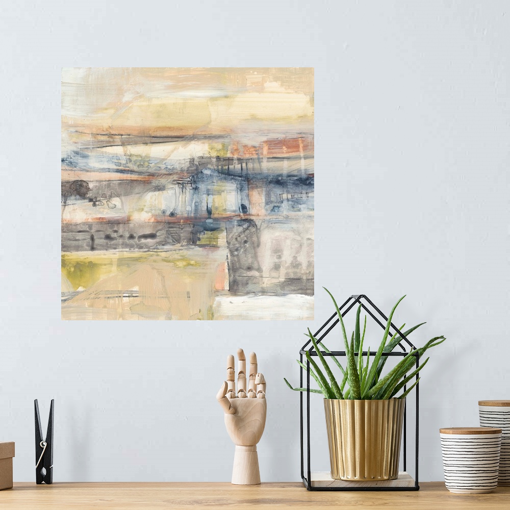 A bohemian room featuring Abstract artwork in pale earthtones with dripping paint.