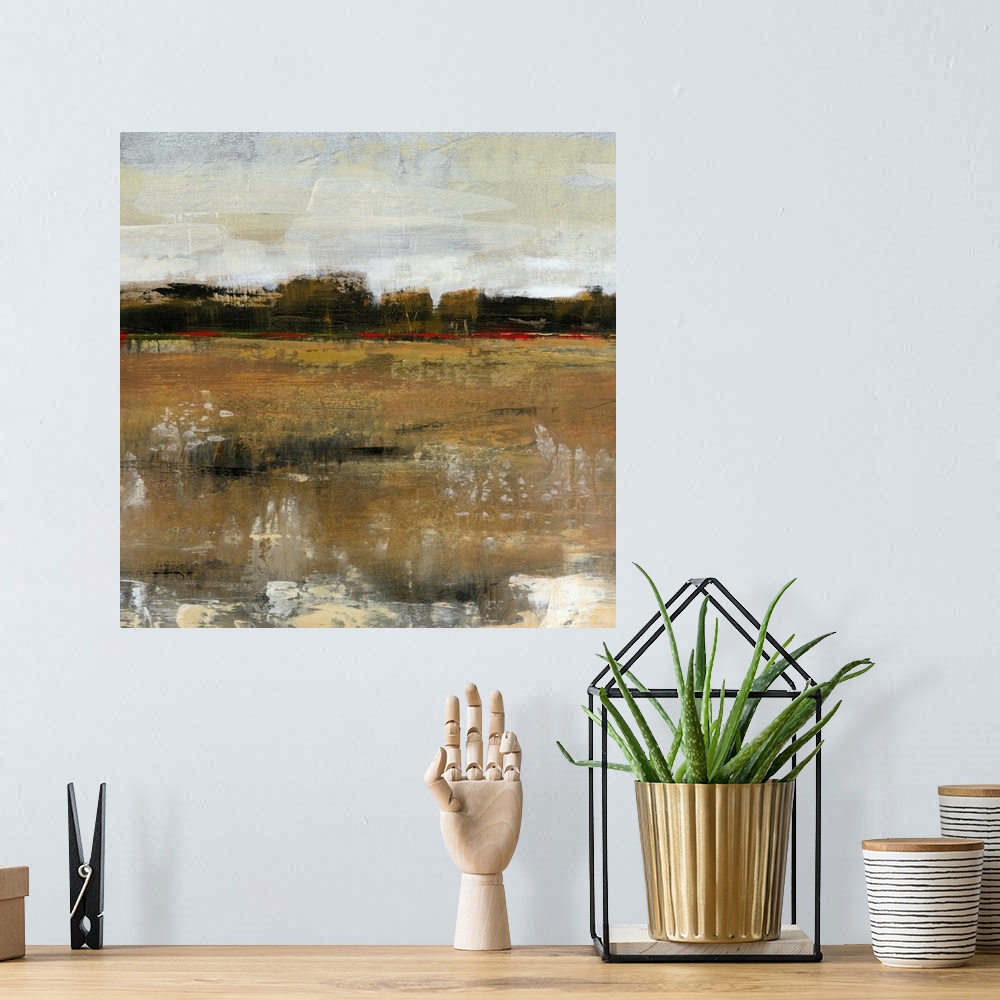 A bohemian room featuring Contemporary abstract painting resembling a country landscape.