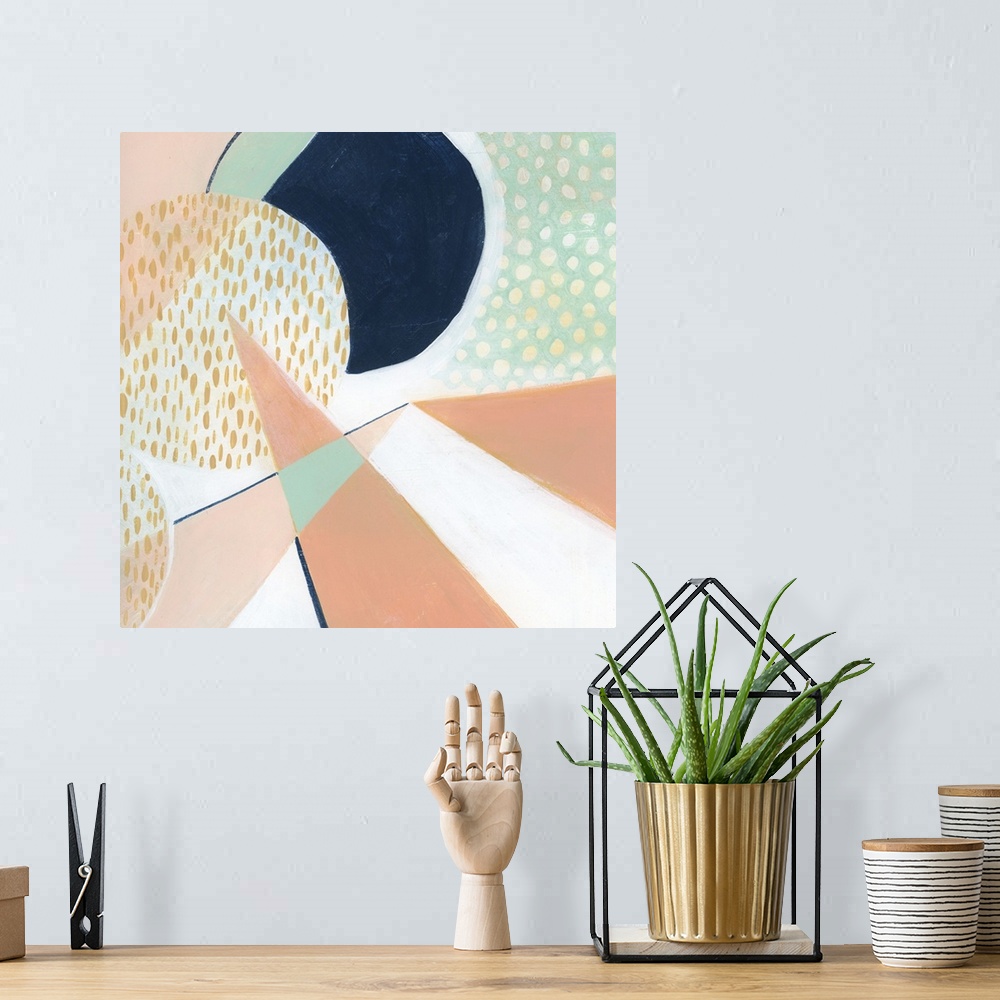 A bohemian room featuring Square modern abstract of circular and triangle shapes in pastel colors with repetitive spots and...