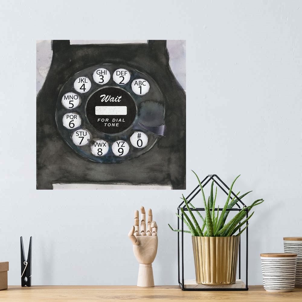 A bohemian room featuring Decorative painting of an old telephone close-up, focusing on the circular dial.