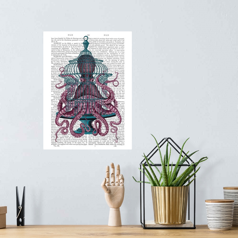 A bohemian room featuring Decorative artwork with a pink octopus trapped inside of an antique bird cage painted on the page...