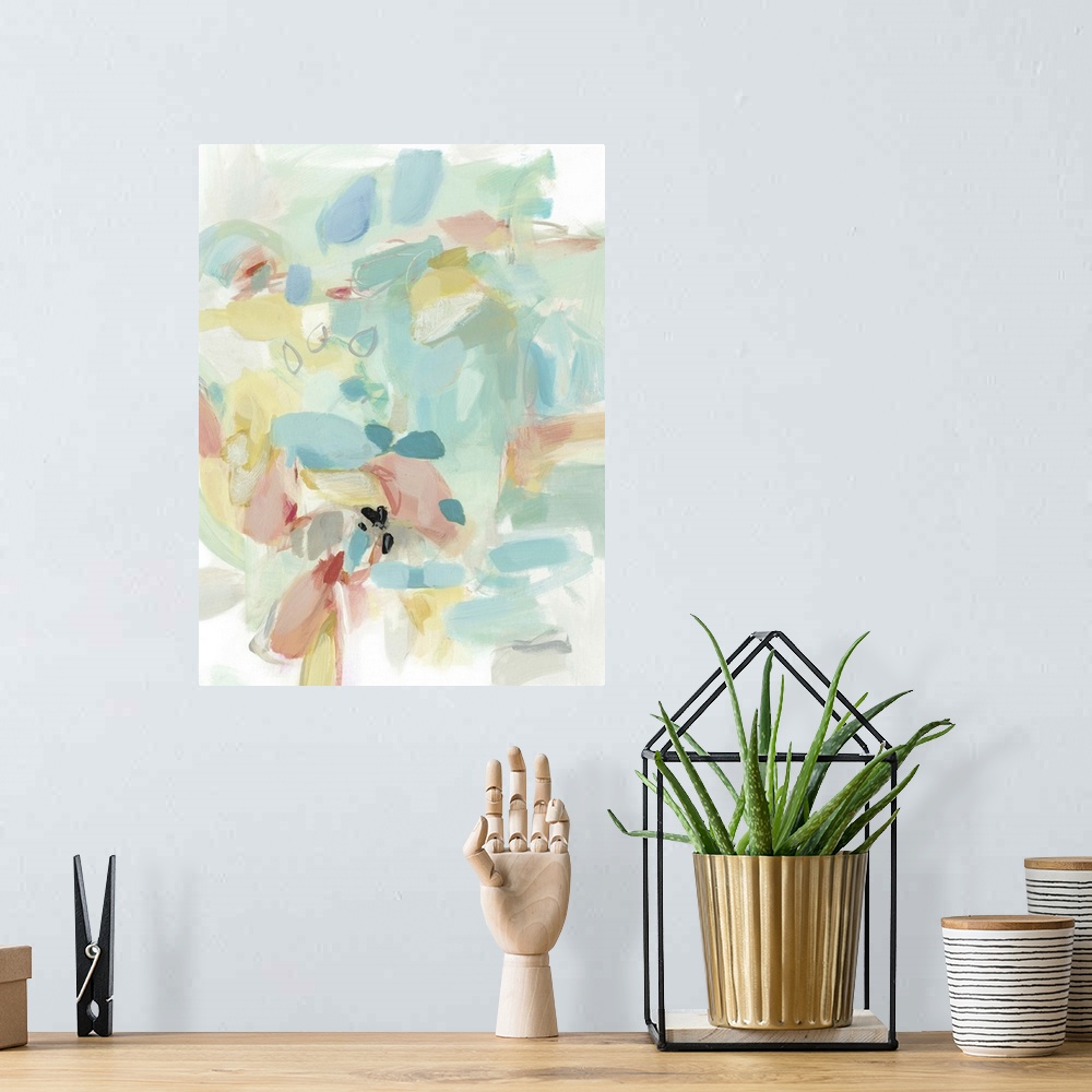 A bohemian room featuring Contemporary abstract art using soft pale colors mixing together to create depth.