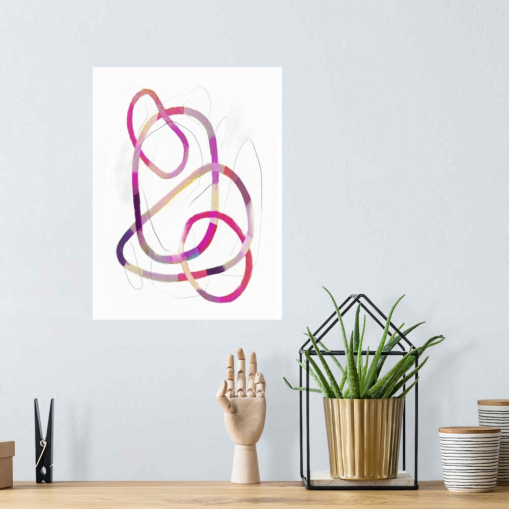 A bohemian room featuring This contemporary artwork features intertwining noodles of striped color with sketched lines thro...