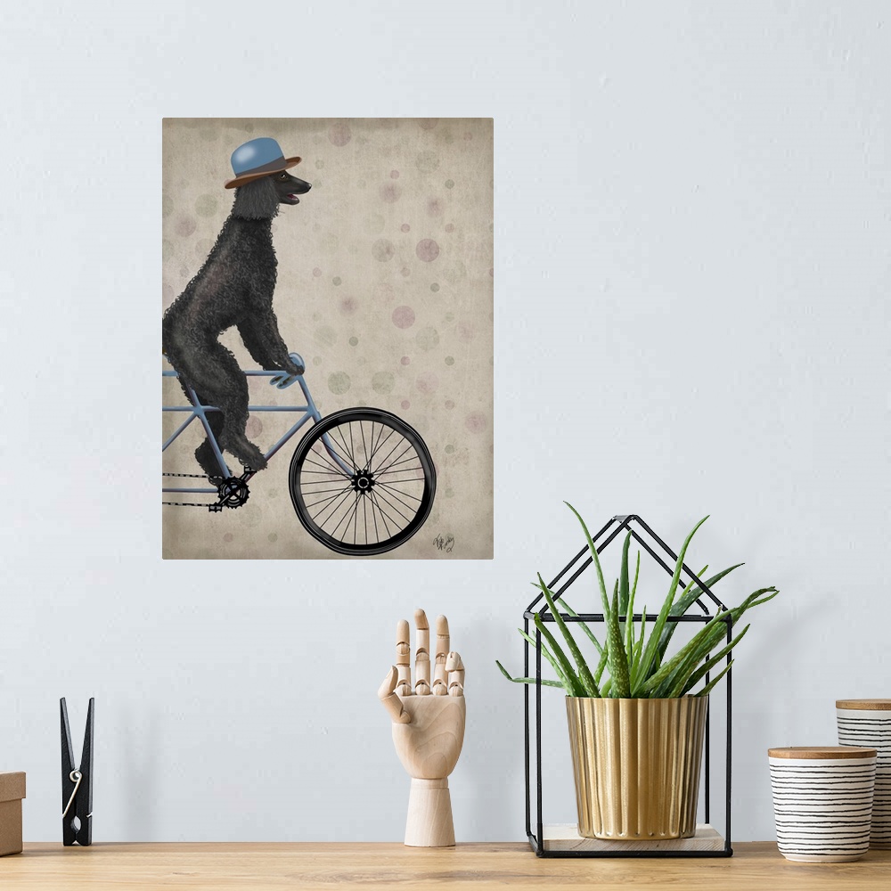 A bohemian room featuring Decorative artwork of black Poodle riding on a blue bicycle and wearing a matching blue hat.