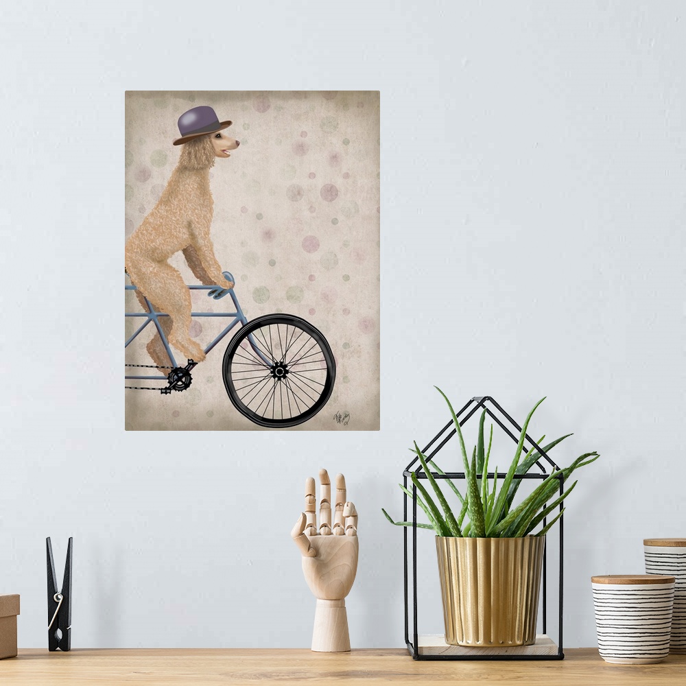 A bohemian room featuring Decorative artwork of cream Poodle riding on a blue bicycle and wearing a purple hat.