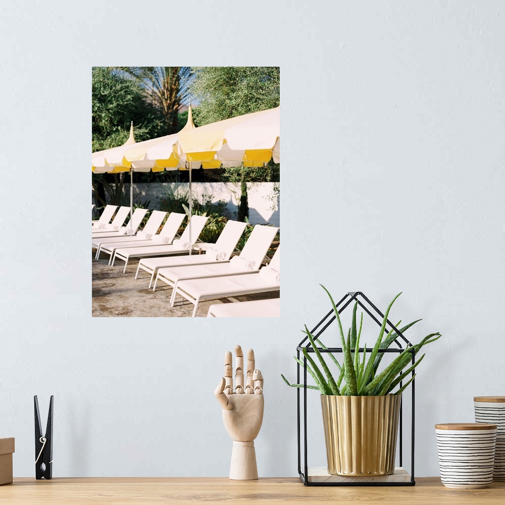 A bohemian room featuring Photograph of a neat row of pool loungers with rolled towels underneath yellow umbrellas.